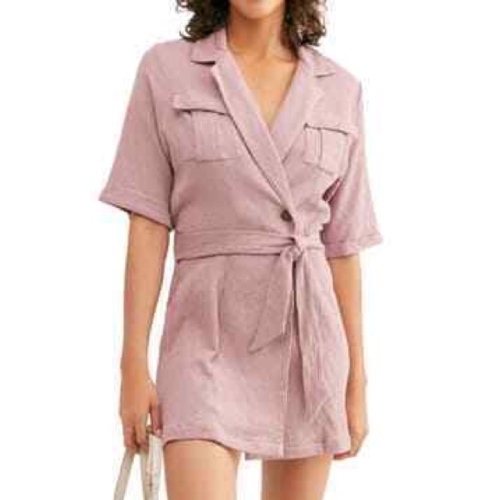 Free People Clementine‎ Mauve Short Sleeve Belted Dress Size L Cotton Linen